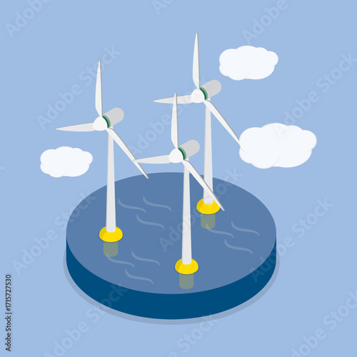 Offshore wind farm. Horizontal axis wind turbines at the Sea. 3d flat isometric vector illustration.