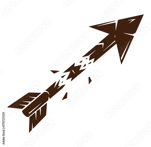 Illustrated brown arrow with shattered middle section pointing upwards on white background