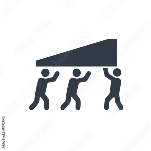 A minimalist icon visually representing the core principle of teamwork, where three people work in unison to transport a large item, highlighting collective effort and support.