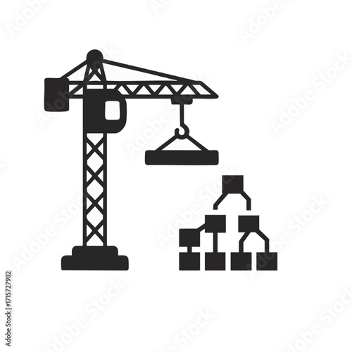 A powerful construction crane meticulously builds a complex hierarchical structure, symbolizing strategic development, organized growth, and the assembly of intricate systems.
