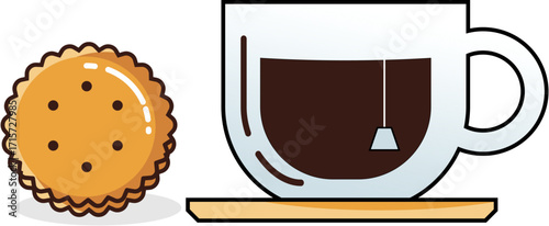A vector graphic of a round biscuit and a glass mug of hot tea with a teabag. It's a simple, clean illustration of a classic snack combination.