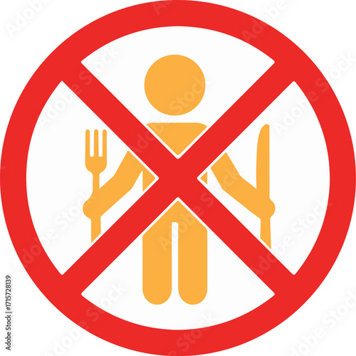 A graphic illustration of a person holding a fork and knife, superimposed with a red prohibition sign, indicating no eating or food allowed.