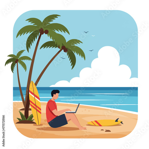 Flat 2D vector illustration: Person working on a laptop at a sunny beach, with palm trees, clear blue ocean, and a surfboard, perfect for remote work and digital nomad themes.