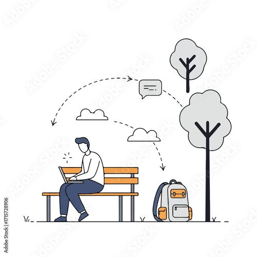 Work-life flexibility is depicted by a person moving from a laptop at a park bench to packing a travel backpack in a clean 2D flat vector illustration.