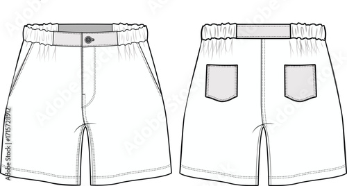 Editable vector flat sketch of kids’ shorts featuring elastic waistband, front button detail, side pockets, and back patch pockets.