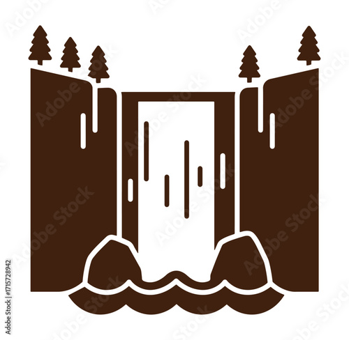 Simplified illustration of a flowing waterfall with surrounding cliffs and evergreen trees.