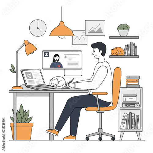 A focused young professional works diligently at a clean minimalist home office desk with a video call, while a peaceful cat sleeps on a nearby bookshelf in this flat 2D vector illustration.