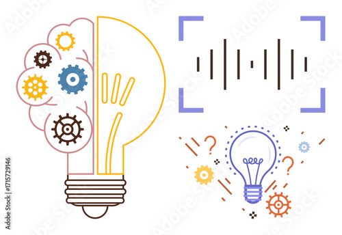 Half-lightbulb and brain with gears illustrating creative thought process, soundwaves denoting communication. Ideal for innovation, creativity, problem-solving, teamwork, brainstorming, education