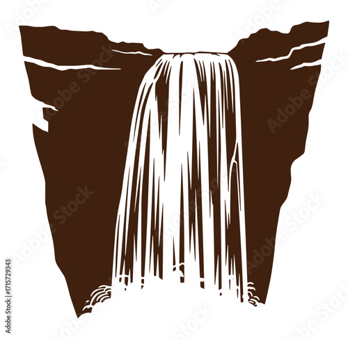 Stylized illustration of a cascading waterfall flowing down cliff rocks with a brown silhouette
