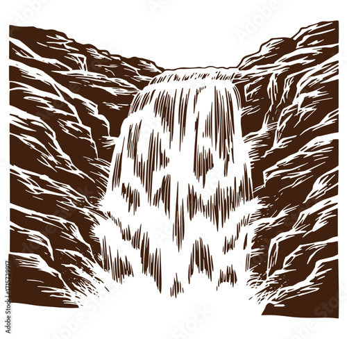 Vector illustration of a majestic waterfall cascading down a cliff face with detailed linework