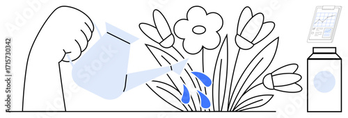 Hand pouring water on flowers, symbolizing growth, nurture, and development. Ideal for growth, care, environment, success, sustainability progress and creativity themes in a simple flat metaphor