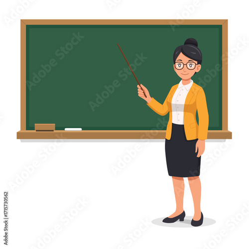 Female teacher standing in front of a blank blackboard with pointer stick, explaining lesson, education concept, classroom teaching, school learning, knowledge, academic, flat vector illustration.