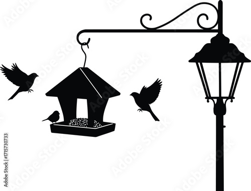 Silhouette of birds feeding near vintage lamp post and birdhouse hanging vector