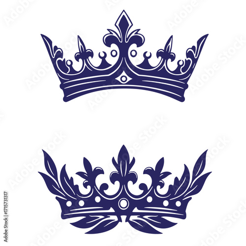 Two detailed blue crowns on a white background illustrating royalty and heraldry