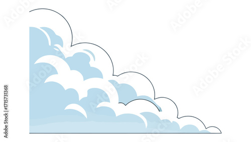 Gradient of fluffy cartoon clouds cascading diagonally, rendered in a light blue and white palette, offering a serene and cheerful graphic for various design applications and weather themes