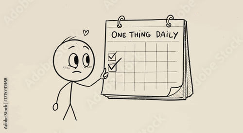 Simple line art illustration of a person checking off tasks on a daily planner, showing commitment and planning against a beige background in a minimalist style.