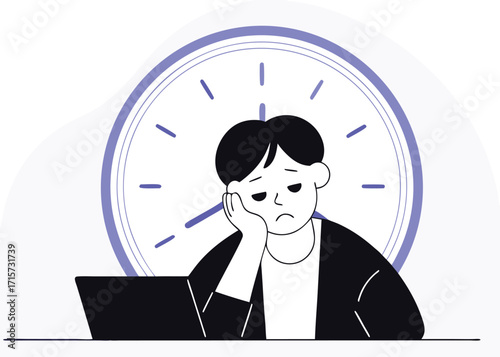Bored person at a desk with a large clock tired