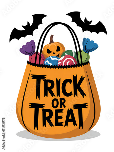Halloween trick or treat bag filled with colorful candies festive atmosphere whimsical design joyful celebration