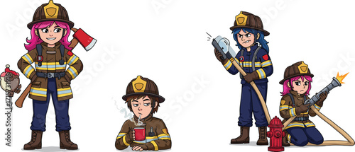 Cartoon firefighter characters, women in uniform, fire rescue team, fire safety illustration, emergency response, firefighter with hose, teamwork, hero occupation, cartoon job