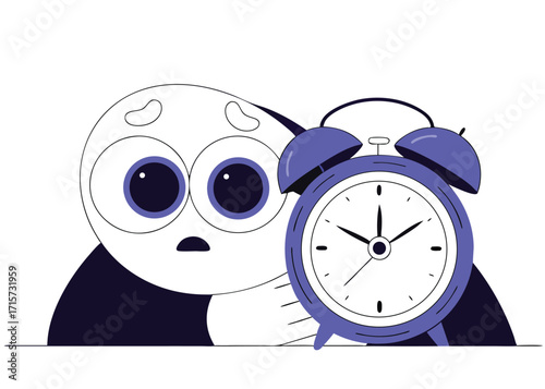 Cartoon panda with alarm clock looking worried anxious