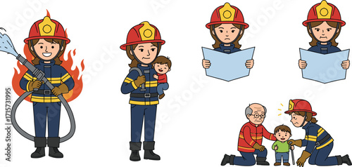 Cartoon firefighter woman, fire safety hero, emergency response, firefighter with child, rescue operation, fire hose, family protection, teamwork illustration, community care