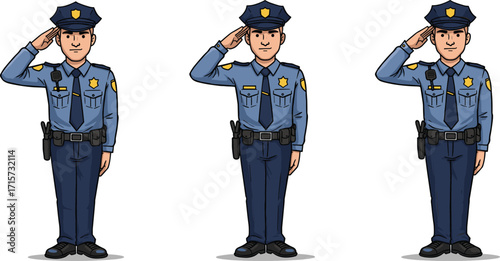 Cartoon male police officers saluting, law enforcement characters, security workers, authority figures, justice protectors, cop uniform, duty respect, police salute illustration