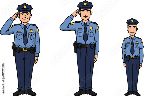 Cartoon male police officers saluting, law enforcement characters, security workers, authority figures, justice protectors, cop uniform, duty respect, police salute illustration