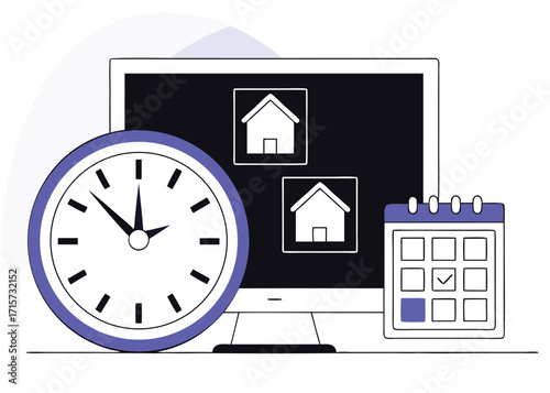 Computer, Clock, and Calendar with House Icons real estate