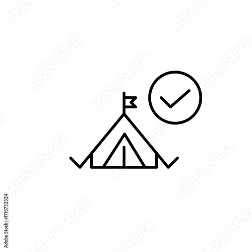 Camping tent and checkmark. Secure campsite, booking approved. Pixel perfect, editable stroke vector icon
