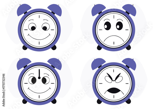 Four Alarm Clocks Showing Different Emotions time face