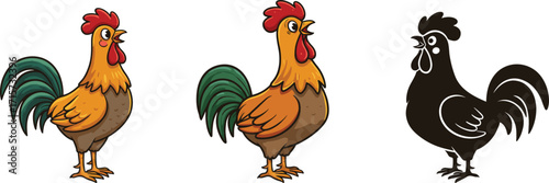Cartoon rooster illustration, farm animal clipart, colorful chicken character, crowing cock, poultry drawing, domestic bird, agriculture symbol, morning wake up