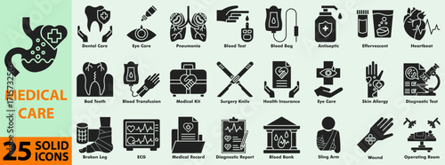 Medical care solid black icon set. Containing diagnostic test, dental care, medical record, blood bank, surgery kit, wound, heartbeat, eye care, health insurance, antiseptic, blood test, pneumonia.