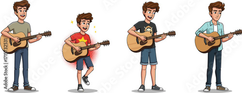 Cartoon young man playing guitar, musician character, acoustic guitar performance, music practice, singer songwriter, band member illustration, guitarist art