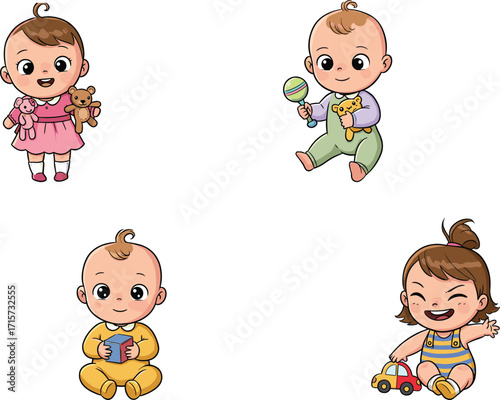 Cute baby cartoon characters, happy toddlers playing, infant illustration with toys, newborn baby design, adorable children clipart, childcare vector art