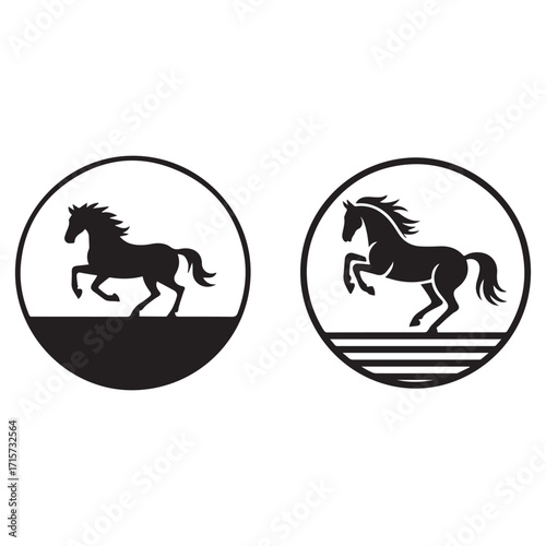 Black Horse Silhouettes in Circles on White Background