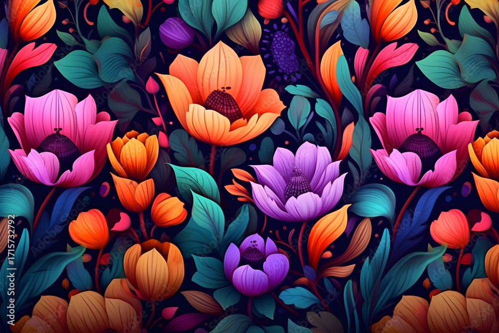 custom made wallpaper toronto digitalVibrant Floral Design with Bold Colorful Blooms in Shades of Purple, Orange, Red, and Yellow on a Dark Floral Background