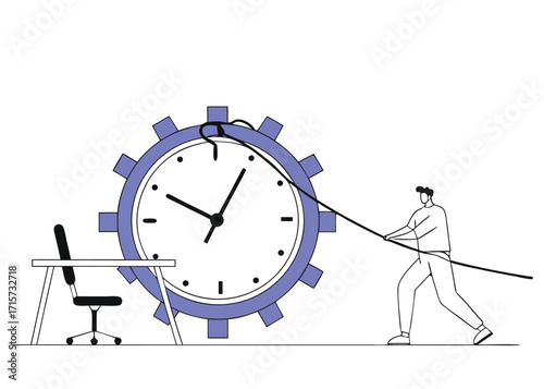 Man pulling a large clock gear with a rope time