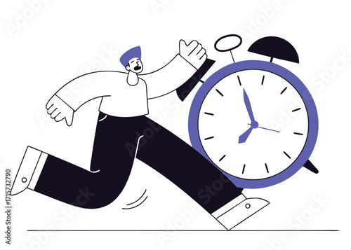 Man running late chasing an alarm clock time urgency