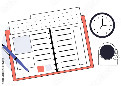 Open Notebook with Pen Coffee and Clock writing planning