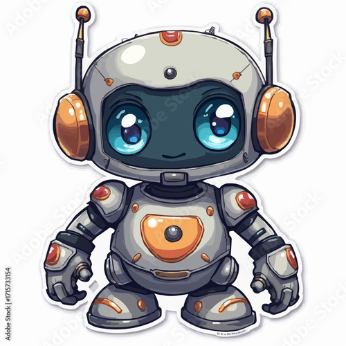 Charming cartoon robot character with large expressive blue eyes. This futuristic android is presented as a glossy sticker illustration on a white background
