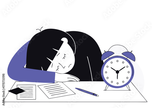 Person sleeping on a desk with an alarm clock tired