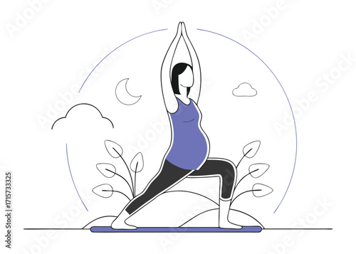 Pregnant woman doing yoga warrior pose outdoors pregnancy