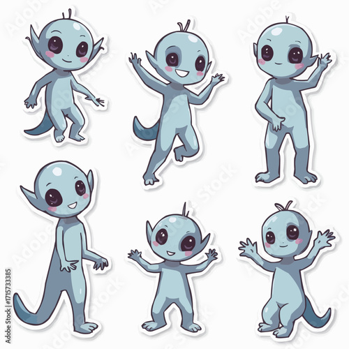 Adorable Alien Stickers Six Cute Blue Extraterrestrial Characters