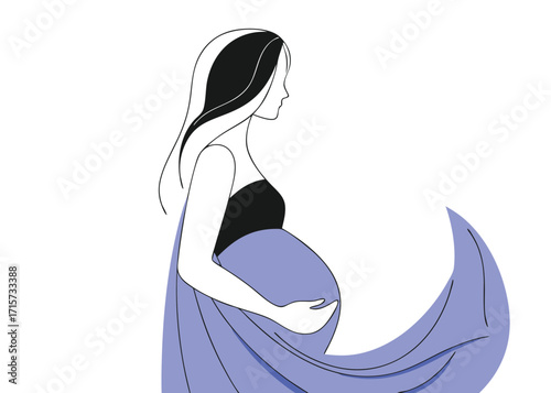 Pregnant woman in profile with flowing fabric pregnancy