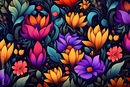 Colorful Floral Illustration with Bright Petals in Various Shades of Pink, Orange, Yellow, and Purple on a Dark Background