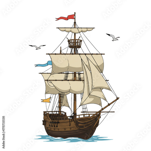 Columbus Day Sailing Ship Seagulls Nautical Vector Illustration Isolated White Background