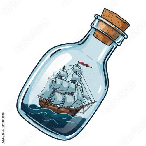 Columbus Day Ship in Bottle Nautical Vector Illustration Isolated White Background