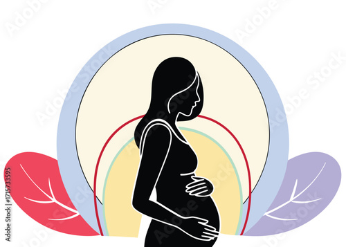Pregnant Woman Silhouette With Rainbow And Leaves pregnancy