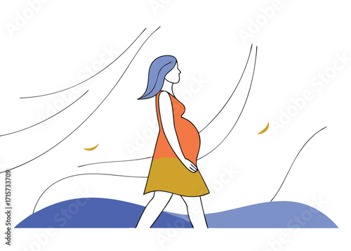 Pregnant woman walking with blue hair and orange dress