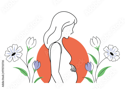 Pregnant woman with flowers and a red circle pregnancy